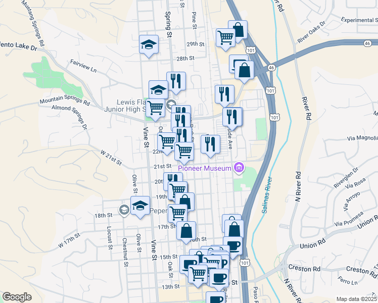 map of restaurants, bars, coffee shops, grocery stores, and more near 2145 Park Street in Paso Robles