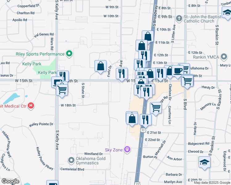 map of restaurants, bars, coffee shops, grocery stores, and more near 200 West 15th Street in Edmond