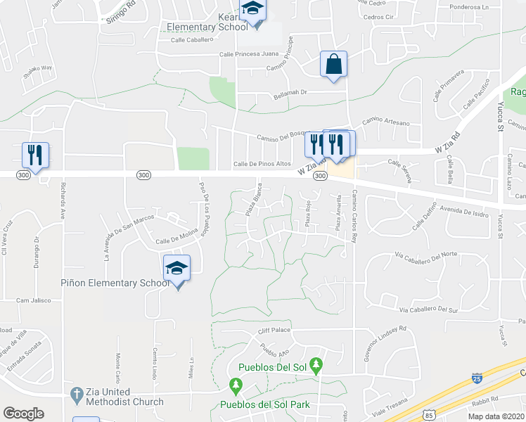map of restaurants, bars, coffee shops, grocery stores, and more near 2978 Plaza Azul in Santa Fe