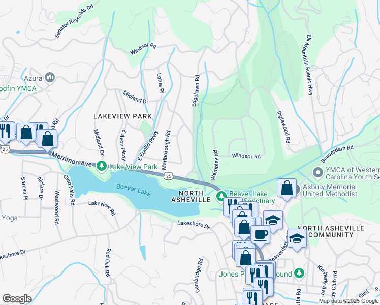 map of restaurants, bars, coffee shops, grocery stores, and more near 54 Midland Drive in Asheville