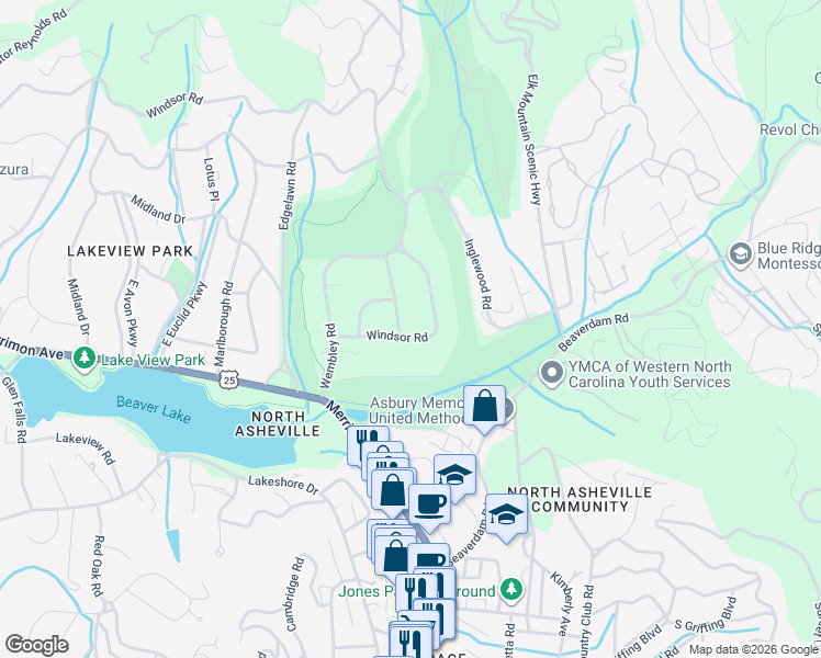 map of restaurants, bars, coffee shops, grocery stores, and more near 72 Windsor Road in Asheville