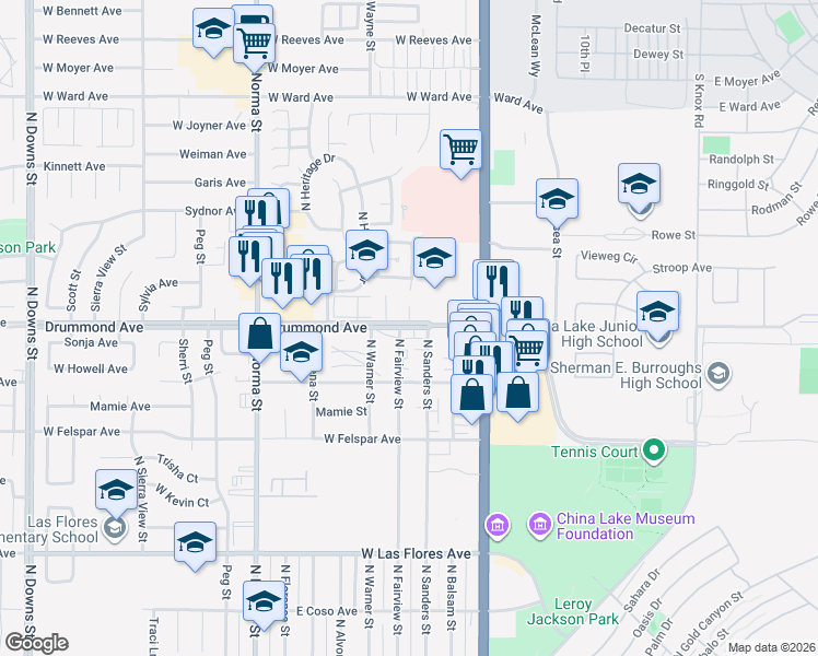 map of restaurants, bars, coffee shops, grocery stores, and more near 236 Drummond Avenue in Ridgecrest