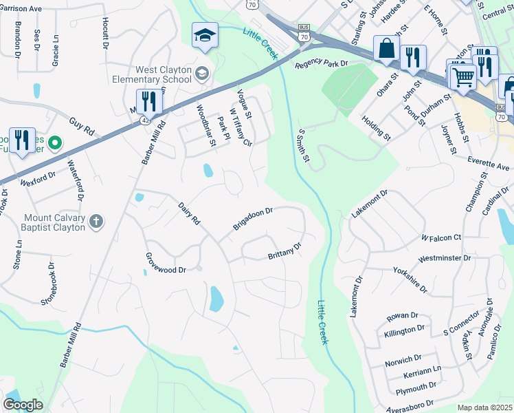 map of restaurants, bars, coffee shops, grocery stores, and more near 2732 Brigadoon Drive in Clayton