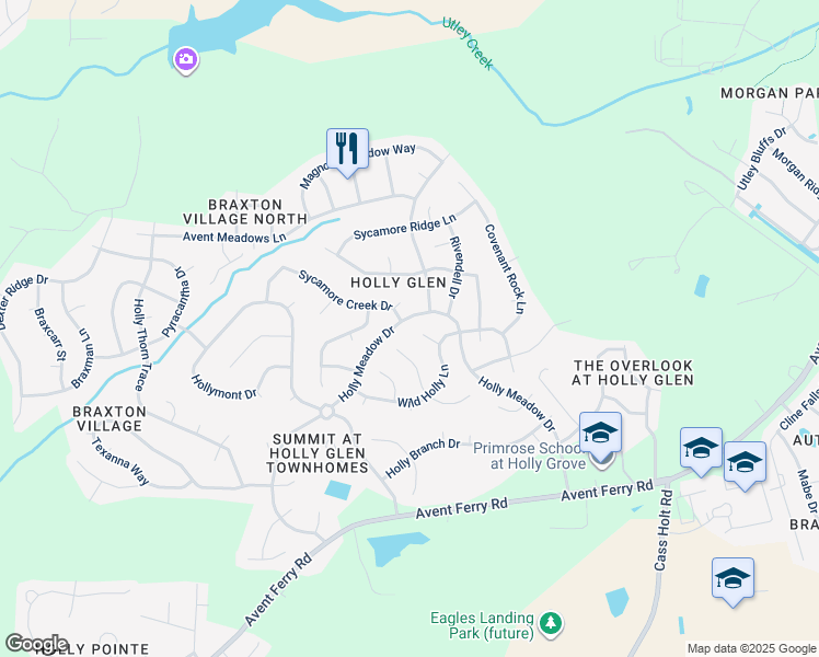 map of restaurants, bars, coffee shops, grocery stores, and more near 212 Weatherbend Court in Holly Springs