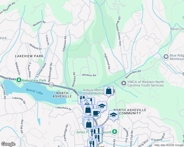 map of restaurants, bars, coffee shops, grocery stores, and more near 72 Windsor Road in Asheville