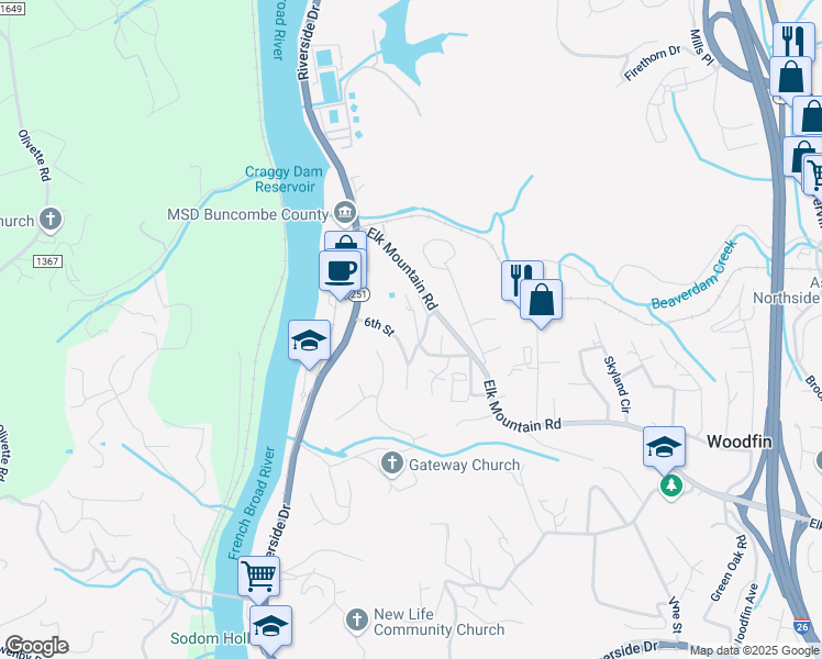 map of restaurants, bars, coffee shops, grocery stores, and more near in Woodfin