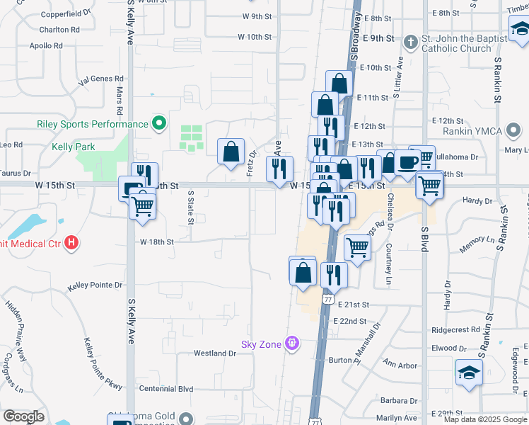map of restaurants, bars, coffee shops, grocery stores, and more near 200 West 15th Street in Edmond