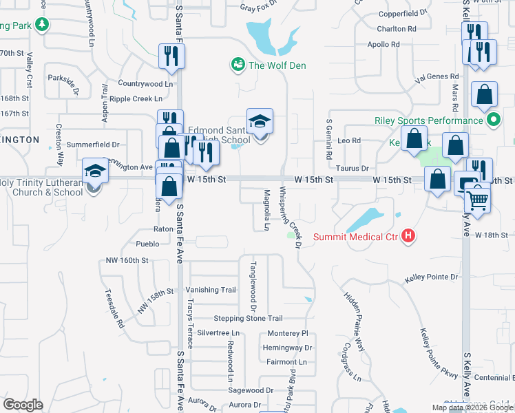 map of restaurants, bars, coffee shops, grocery stores, and more near 1700 Still Water Lane in Edmond