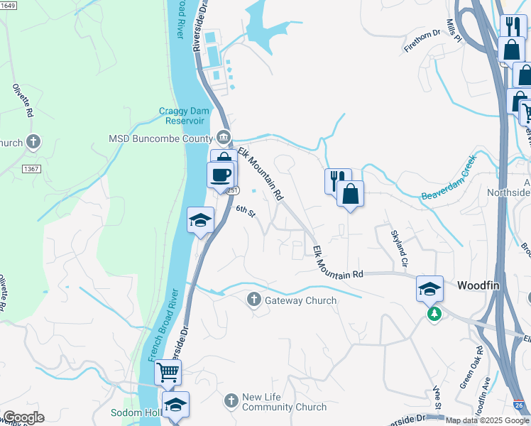 map of restaurants, bars, coffee shops, grocery stores, and more near in Woodfin