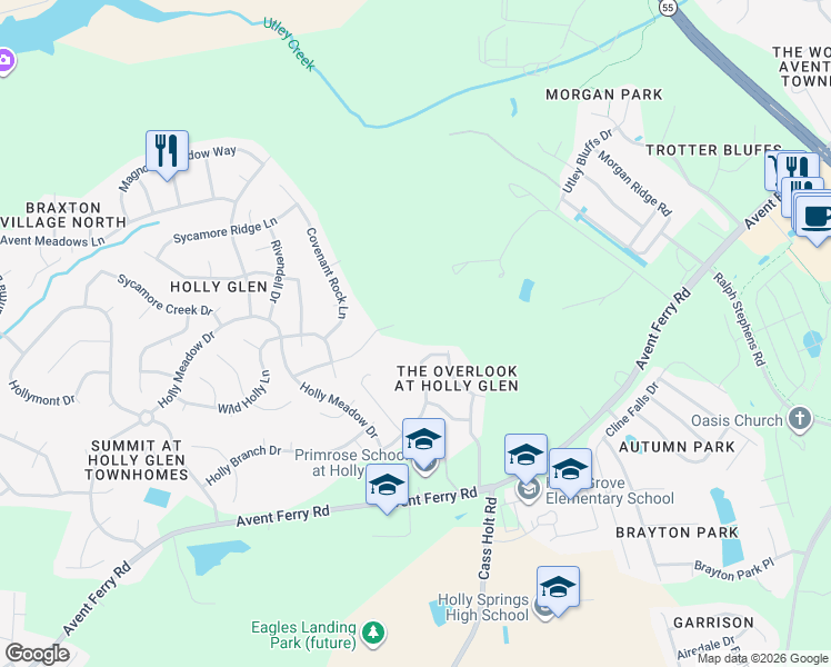 map of restaurants, bars, coffee shops, grocery stores, and more near 5501 Old Airport Road in Holly Springs