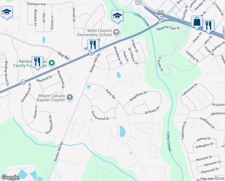 map of restaurants, bars, coffee shops, grocery stores, and more near 2837 Bennington Drive in Clayton