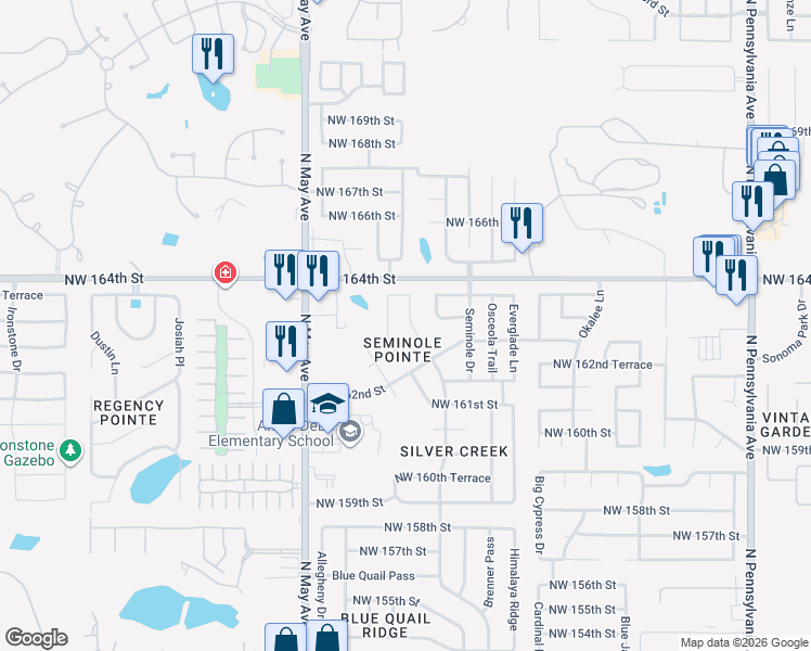 map of restaurants, bars, coffee shops, grocery stores, and more near 16409 Oconee Creek Drive in Edmond