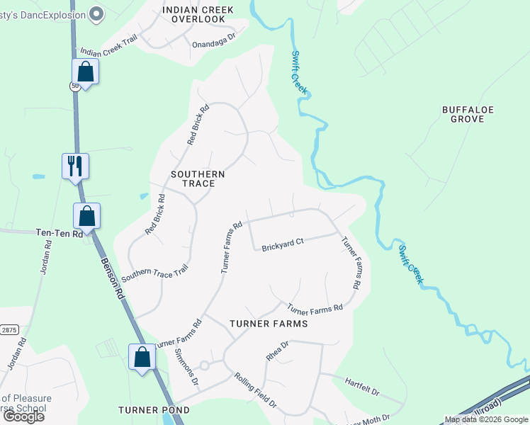 map of restaurants, bars, coffee shops, grocery stores, and more near 5412 Treebound Court in Garner