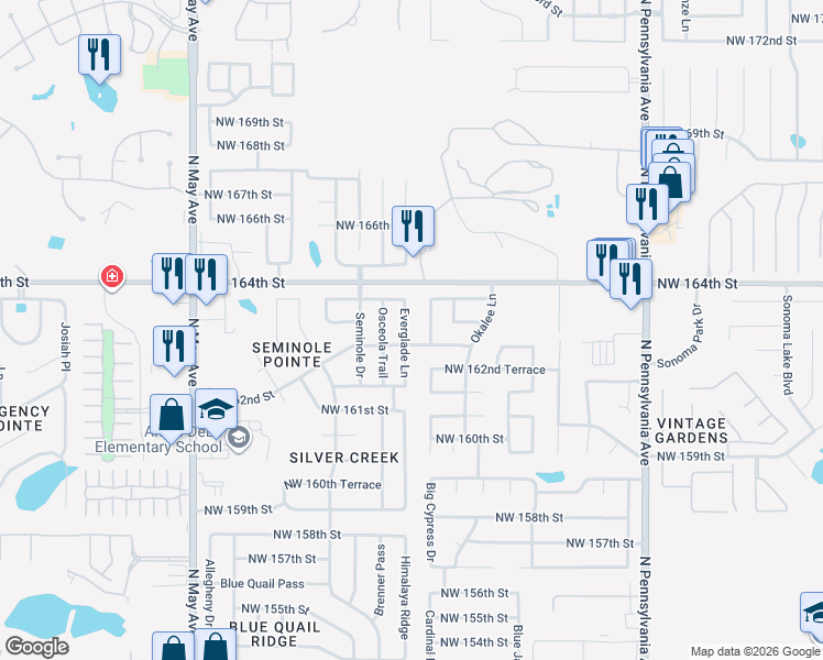 map of restaurants, bars, coffee shops, grocery stores, and more near 16308 Everglade Lane in Edmond