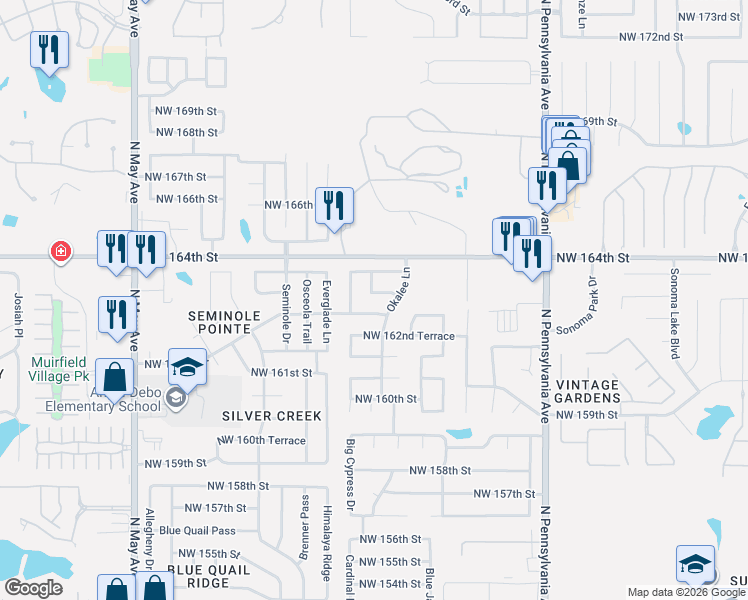 map of restaurants, bars, coffee shops, grocery stores, and more near 2412 Northwest 163rd Street in Edmond