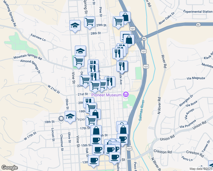 map of restaurants, bars, coffee shops, grocery stores, and more near 2145 Pine Street in Paso Robles