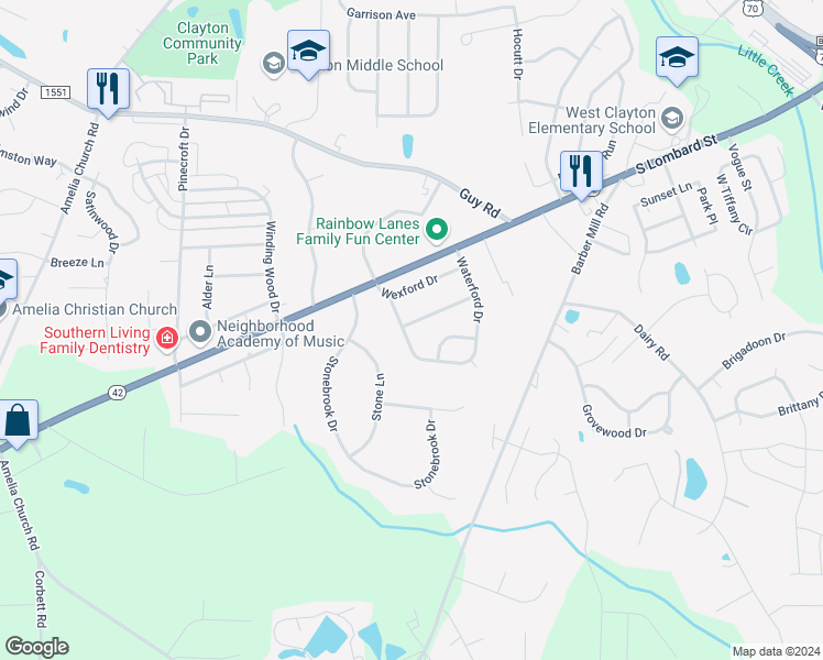 map of restaurants, bars, coffee shops, grocery stores, and more near 636 Waterford Drive in Clayton