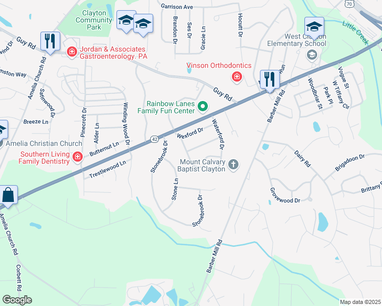 map of restaurants, bars, coffee shops, grocery stores, and more near 636 Waterford Drive in Clayton
