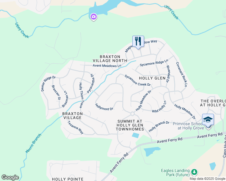 map of restaurants, bars, coffee shops, grocery stores, and more near 116 Roslyn Hills Drive in Holly Springs