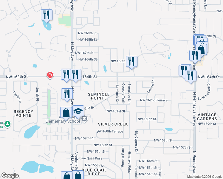 map of restaurants, bars, coffee shops, grocery stores, and more near 2612 Northwest 163rd Street in Edmond