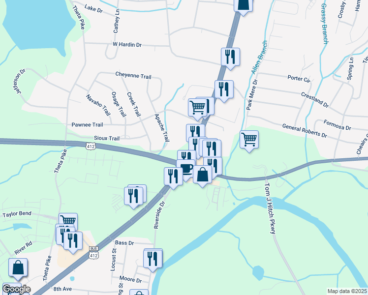 map of restaurants, bars, coffee shops, grocery stores, and more near 1107 Nashville Highway in Columbia