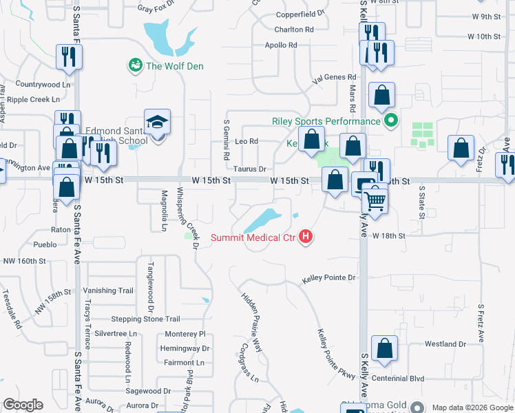 map of restaurants, bars, coffee shops, grocery stores, and more near 1605a Lakeshore Drive in Edmond
