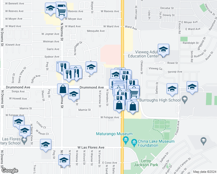 map of restaurants, bars, coffee shops, grocery stores, and more near 213 Drummond Avenue in Ridgecrest