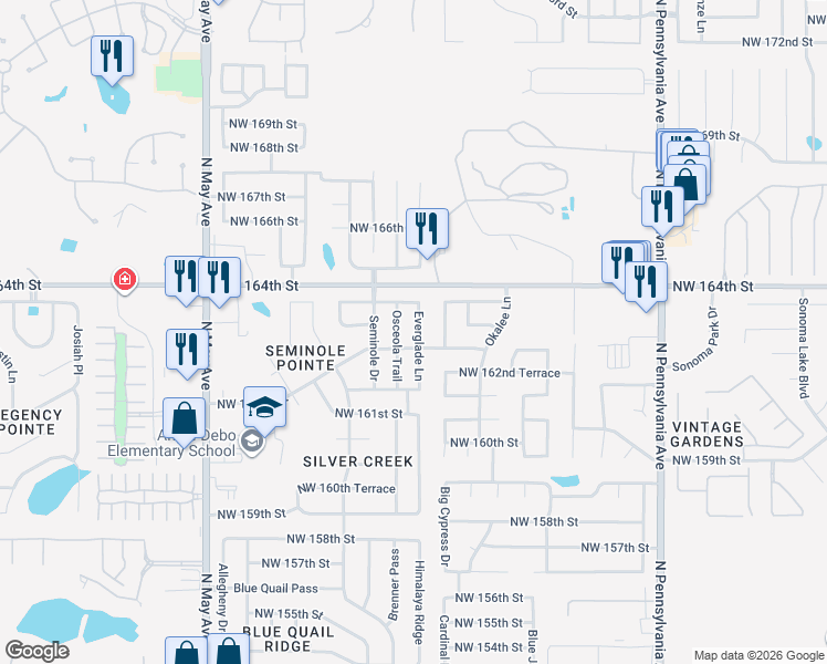 map of restaurants, bars, coffee shops, grocery stores, and more near 16308 Everglade Lane in Edmond