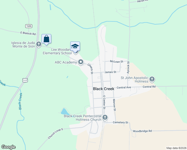 map of restaurants, bars, coffee shops, grocery stores, and more near 200 Church St in Black Creek