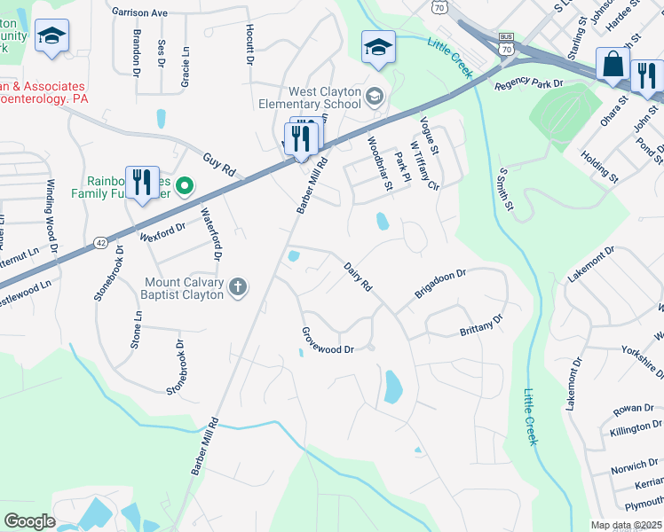 map of restaurants, bars, coffee shops, grocery stores, and more near 1044 Cove Circle in Clayton