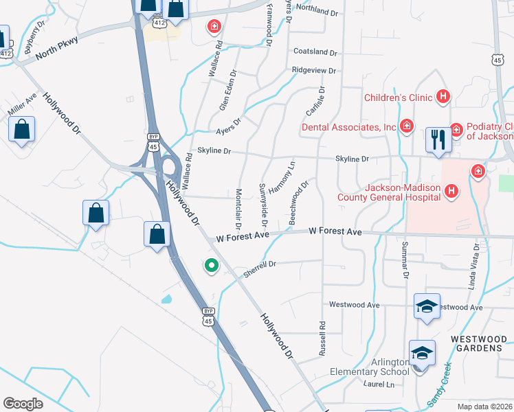 map of restaurants, bars, coffee shops, grocery stores, and more near 43 Sunnyside Drive in Jackson