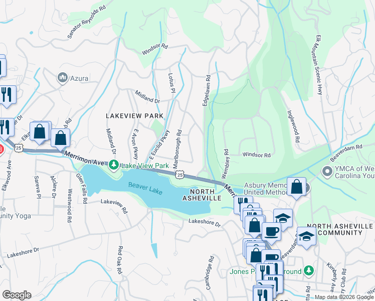 map of restaurants, bars, coffee shops, grocery stores, and more near 11 North Kensington Road in Asheville