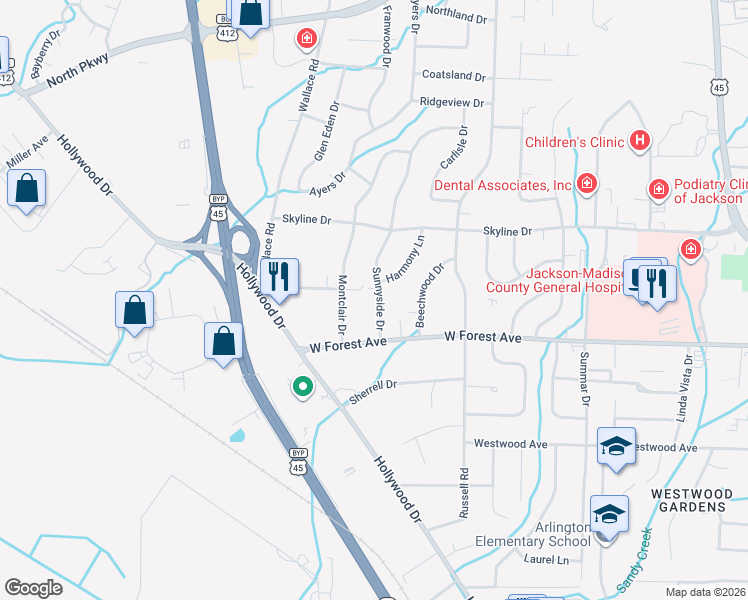 map of restaurants, bars, coffee shops, grocery stores, and more near 43 Sunnyside Drive in Jackson