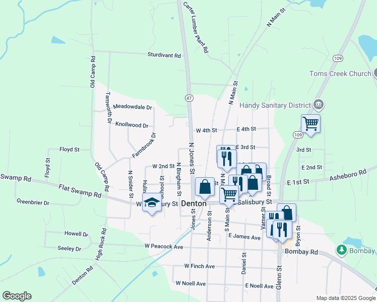 map of restaurants, bars, coffee shops, grocery stores, and more near 225 North Jones Street in Denton