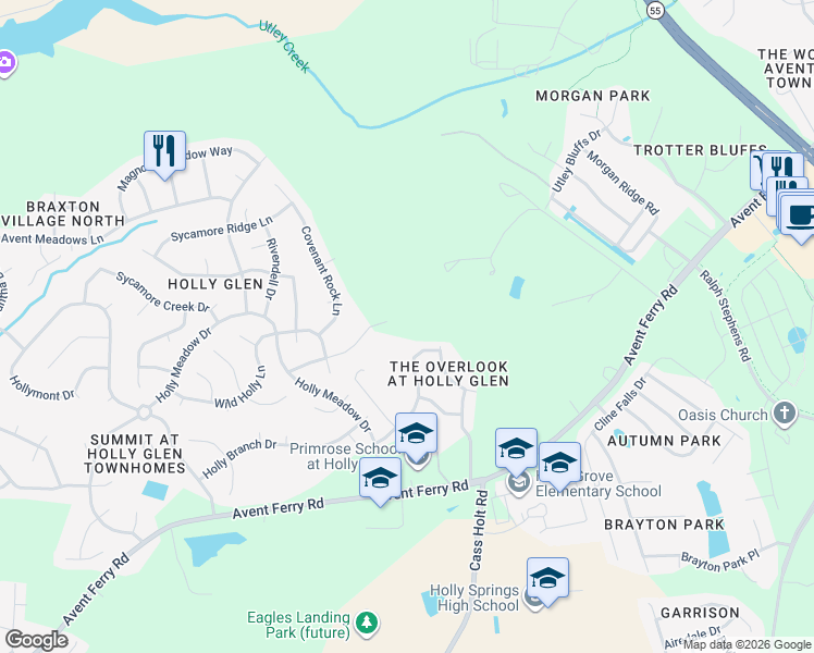 map of restaurants, bars, coffee shops, grocery stores, and more near 5501 Old Airport Road in Holly Springs
