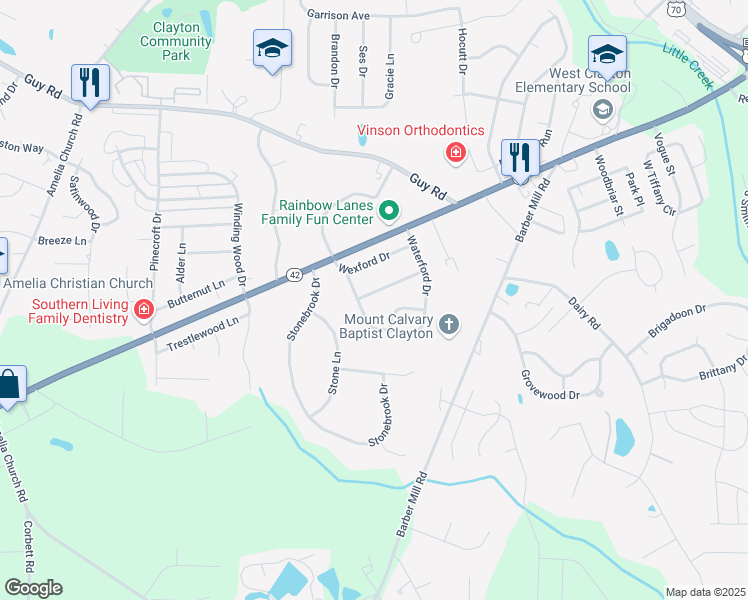map of restaurants, bars, coffee shops, grocery stores, and more near 136 Glengariff Lane in Clayton