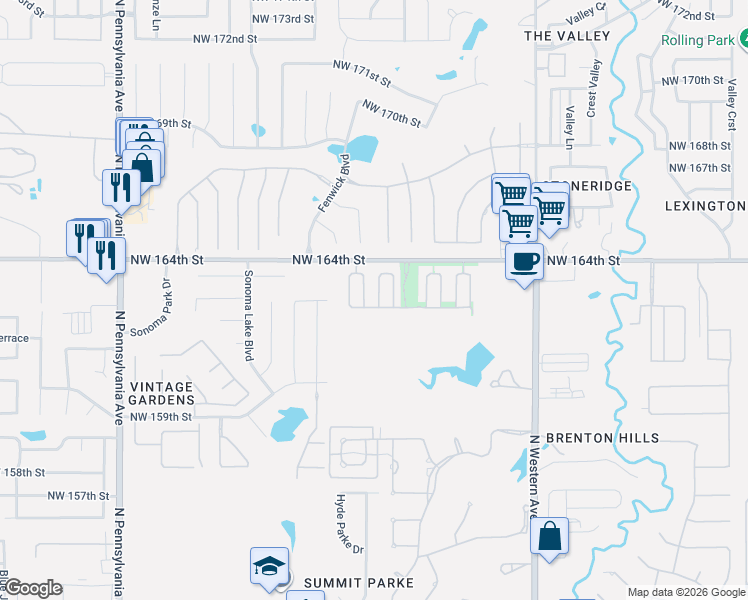 map of restaurants, bars, coffee shops, grocery stores, and more near 1605 Northwest 163rd Street in Edmond