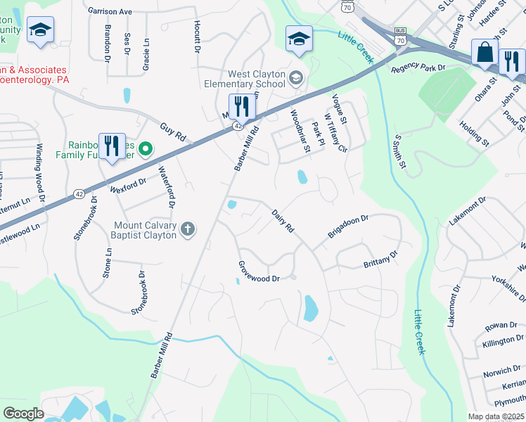 map of restaurants, bars, coffee shops, grocery stores, and more near 1044 Cove Circle in Clayton