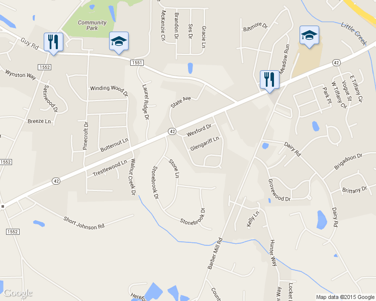map of restaurants, bars, coffee shops, grocery stores, and more near Waterford Drive in Clayton