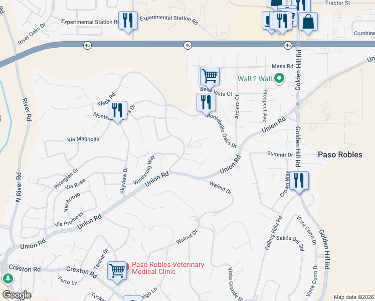 map of restaurants, bars, coffee shops, grocery stores, and more near 1638 Kleck Road in Paso Robles