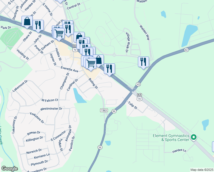 map of restaurants, bars, coffee shops, grocery stores, and more near 600 Boling Street in Clayton
