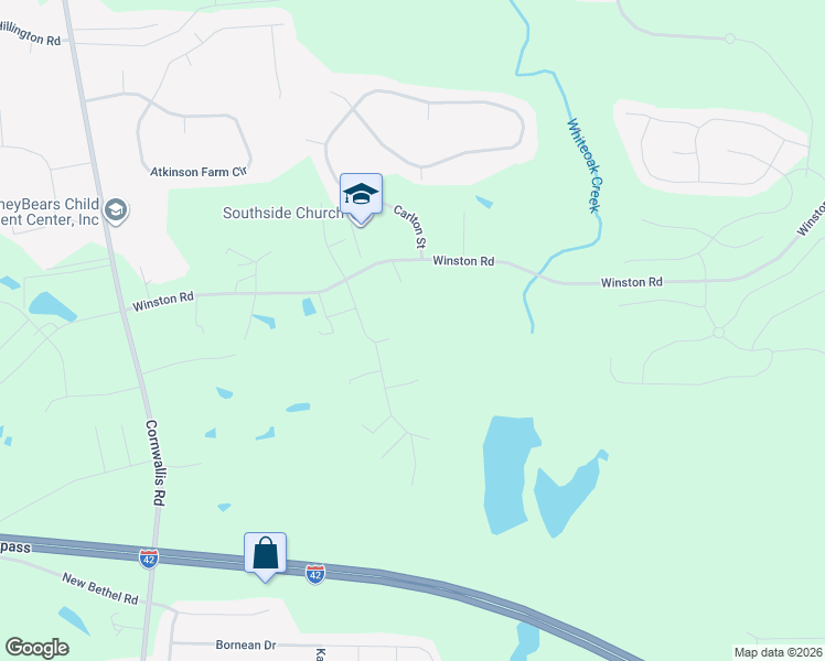 map of restaurants, bars, coffee shops, grocery stores, and more near 117 White Oak Court in Clayton