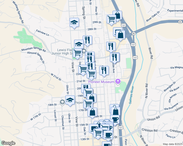 map of restaurants, bars, coffee shops, grocery stores, and more near 713 22nd Street in Paso Robles