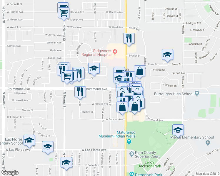 map of restaurants, bars, coffee shops, grocery stores, and more near 215 Drummond Avenue in Ridgecrest