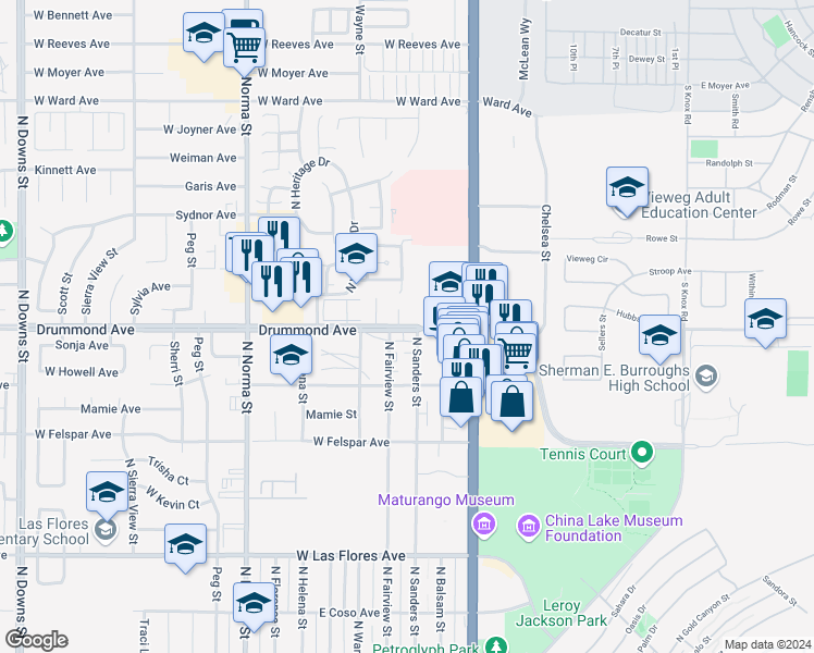 map of restaurants, bars, coffee shops, grocery stores, and more near 227 Drummond Avenue in Ridgecrest