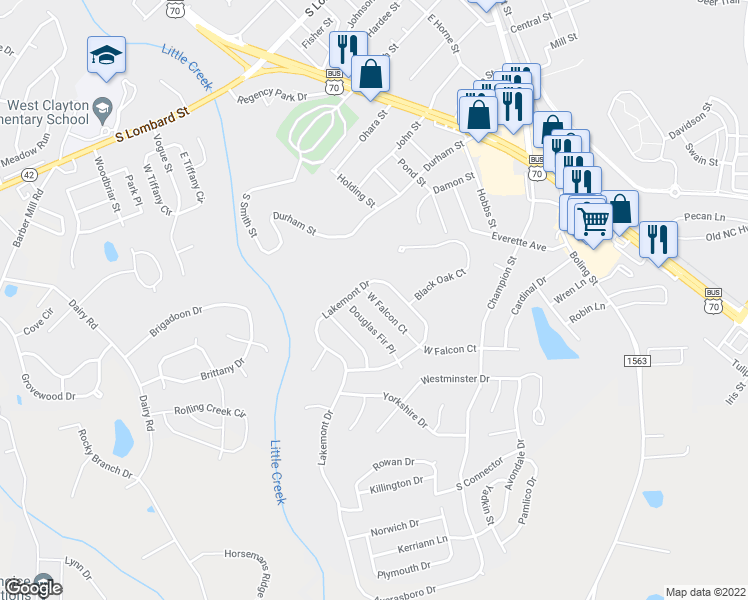 map of restaurants, bars, coffee shops, grocery stores, and more near 50 West Falcon Court in Clayton