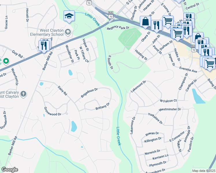 map of restaurants, bars, coffee shops, grocery stores, and more near 3012 Brittany Drive in Clayton