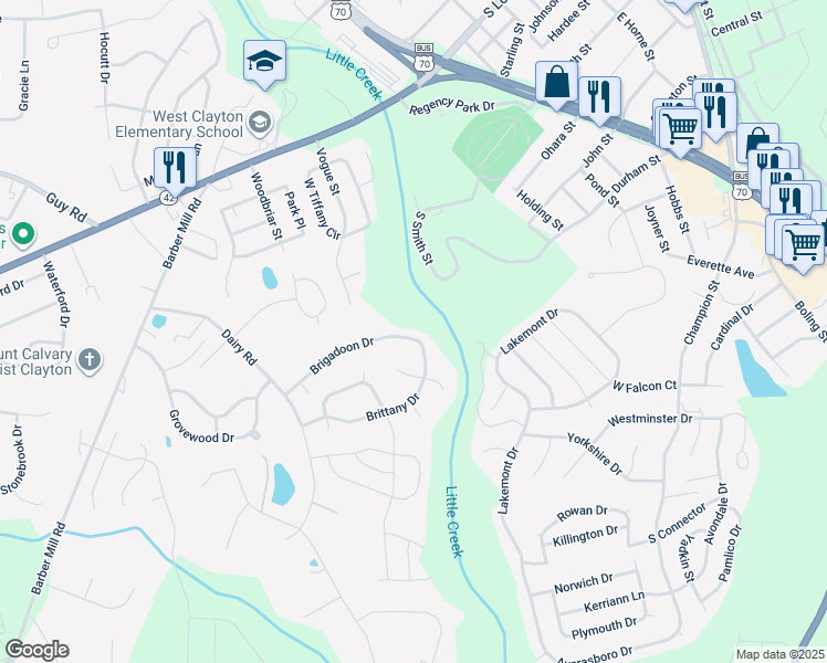 map of restaurants, bars, coffee shops, grocery stores, and more near 3012 Brittany Drive in Clayton