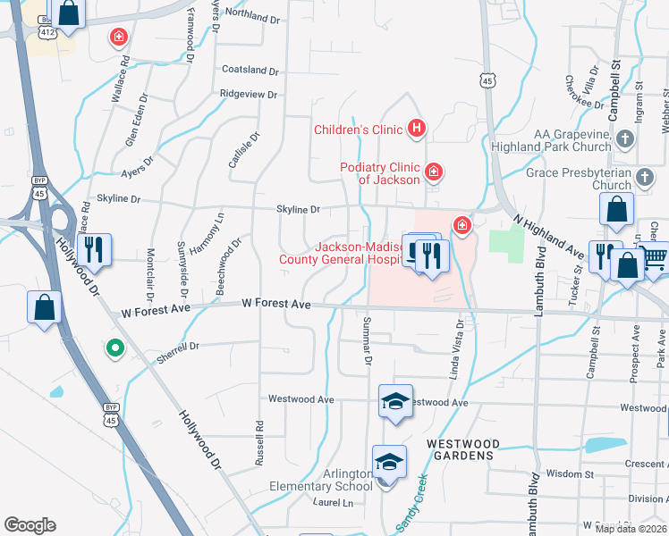 map of restaurants, bars, coffee shops, grocery stores, and more near 62 Lilac Lane in Jackson