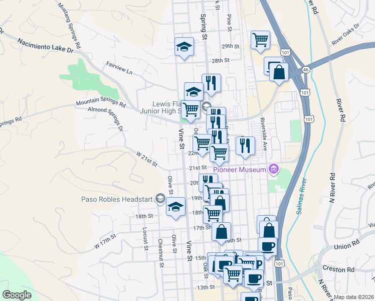 map of restaurants, bars, coffee shops, grocery stores, and more near 519 22nd Street in Paso Robles